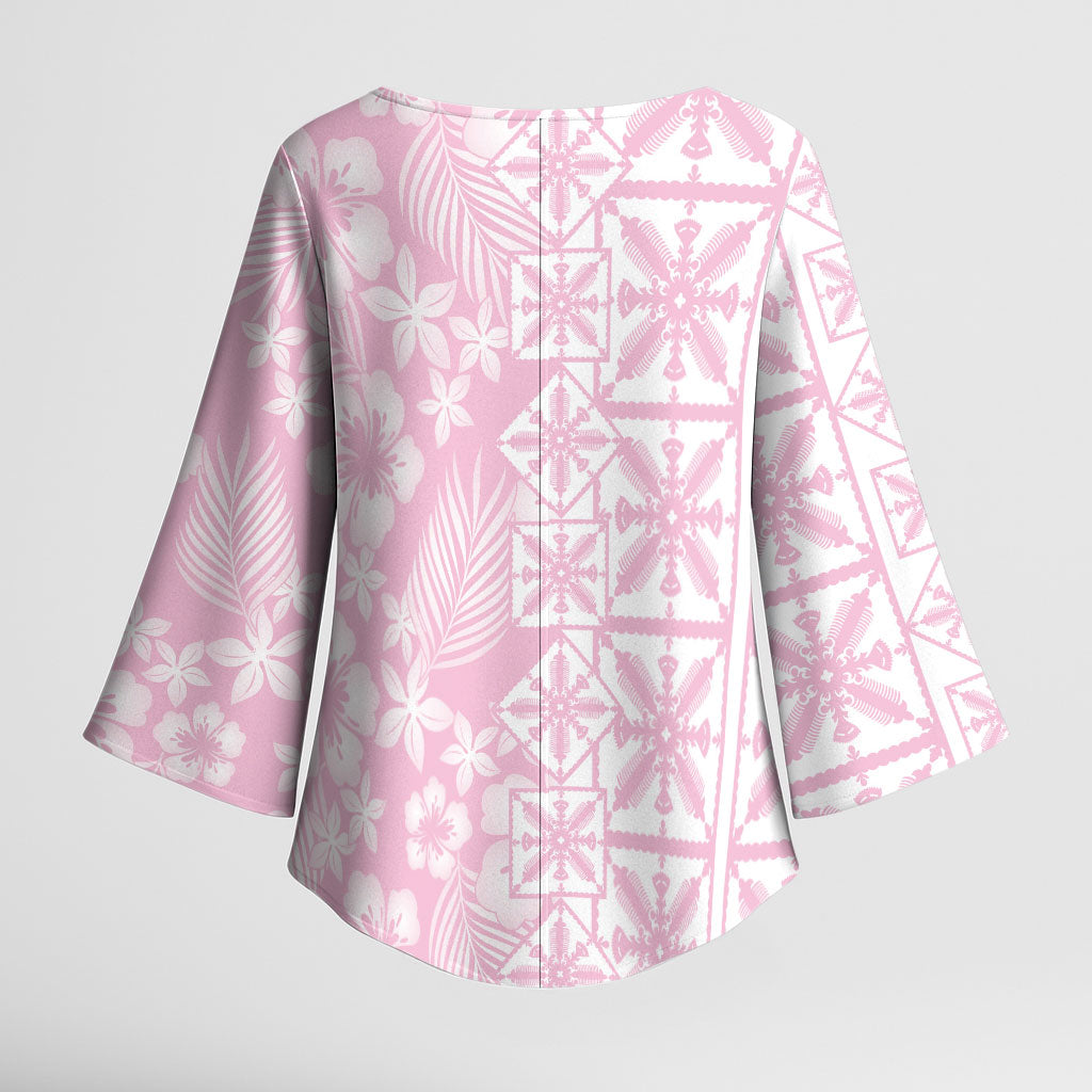 Pastel Pink Kahili Quilt Hawaii Kimono Sleeve Blouse Tropical Flower Seamless Half Style