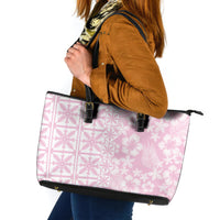 Pastel Pink Kahili Quilt Hawaii Leather Tote Bag Tropical Flower Seamless Half Style
