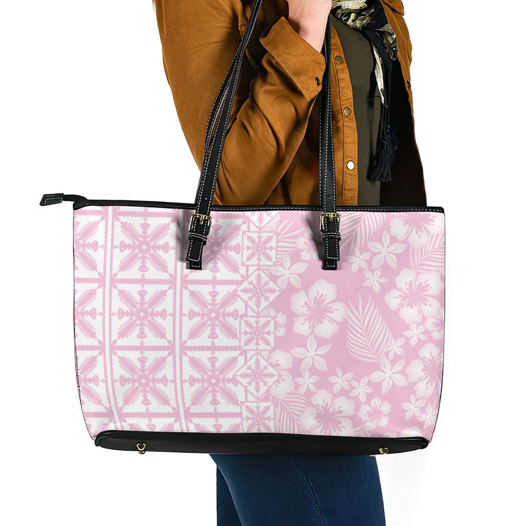 Pastel Pink Kahili Quilt Hawaii Leather Tote Bag Tropical Flower Seamless Half Style