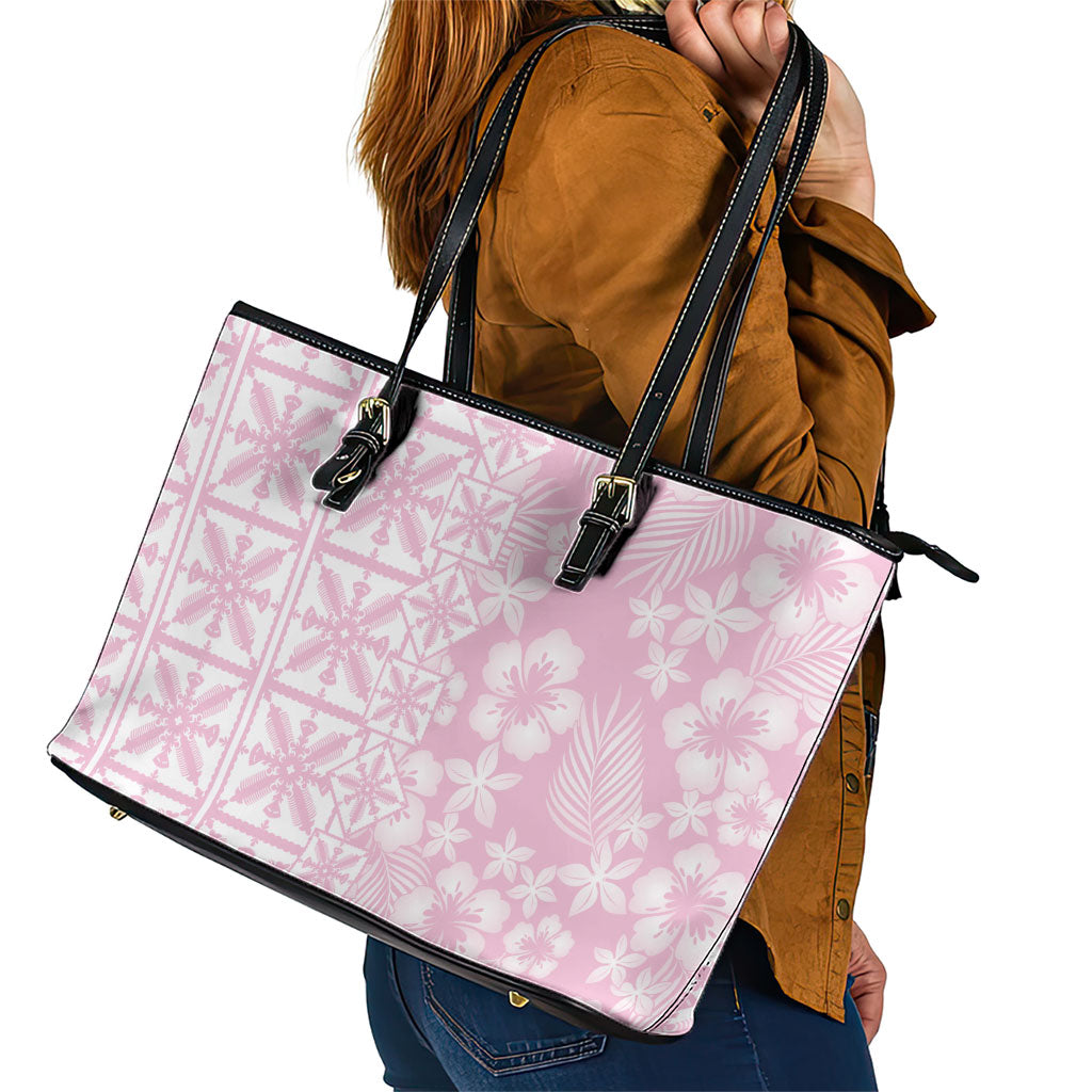 Pastel Pink Kahili Quilt Hawaii Leather Tote Bag Tropical Flower Seamless Half Style