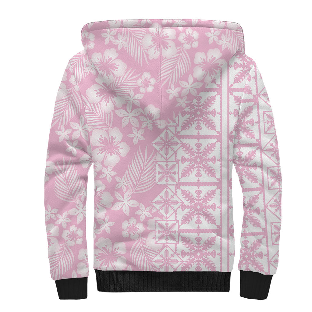 Pastel Pink Kahili Quilt Hawaii Sherpa Hoodie Tropical Flower Seamless Half Style