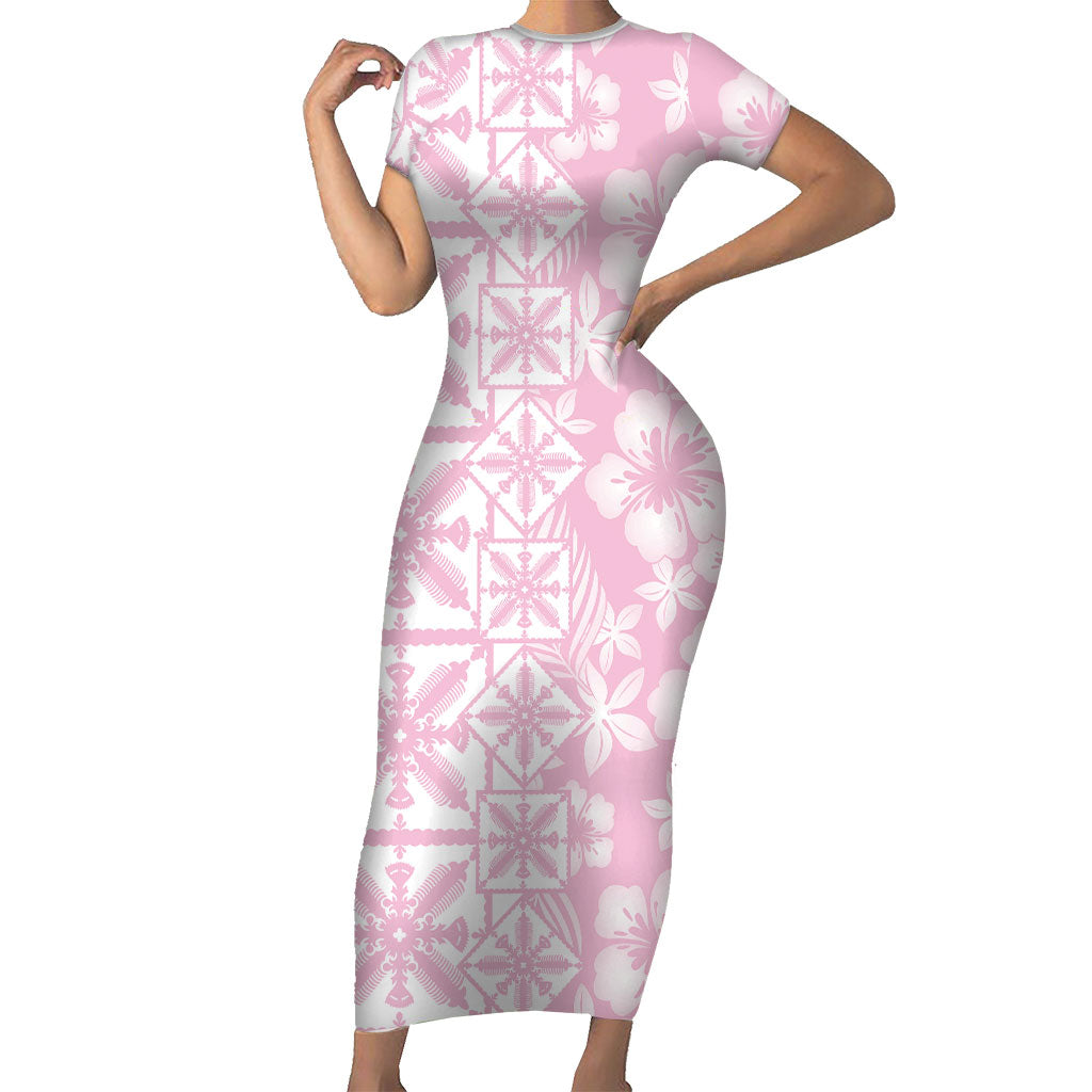 Pastel Pink Kahili Quilt Hawaii Short Sleeve Bodycon Dress Tropical Flower Seamless Half Style