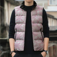 Pastel Pink Kahili Quilt Hawaii Sleeveless Puffer Jacket Tropical Flower Seamless Half Style
