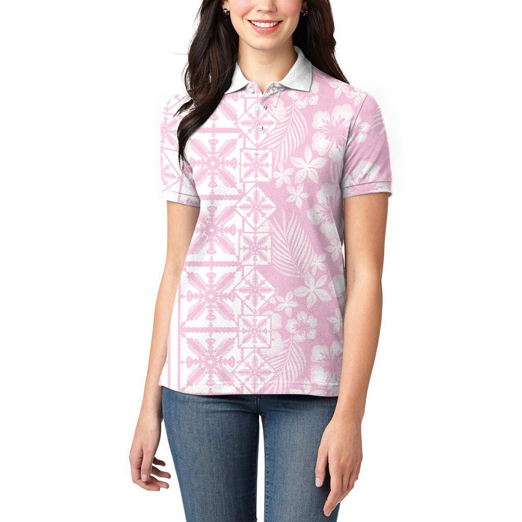 Pastel Pink Kahili Quilt Hawaii Women Polo Shirt Tropical Flower Seamless Half Style