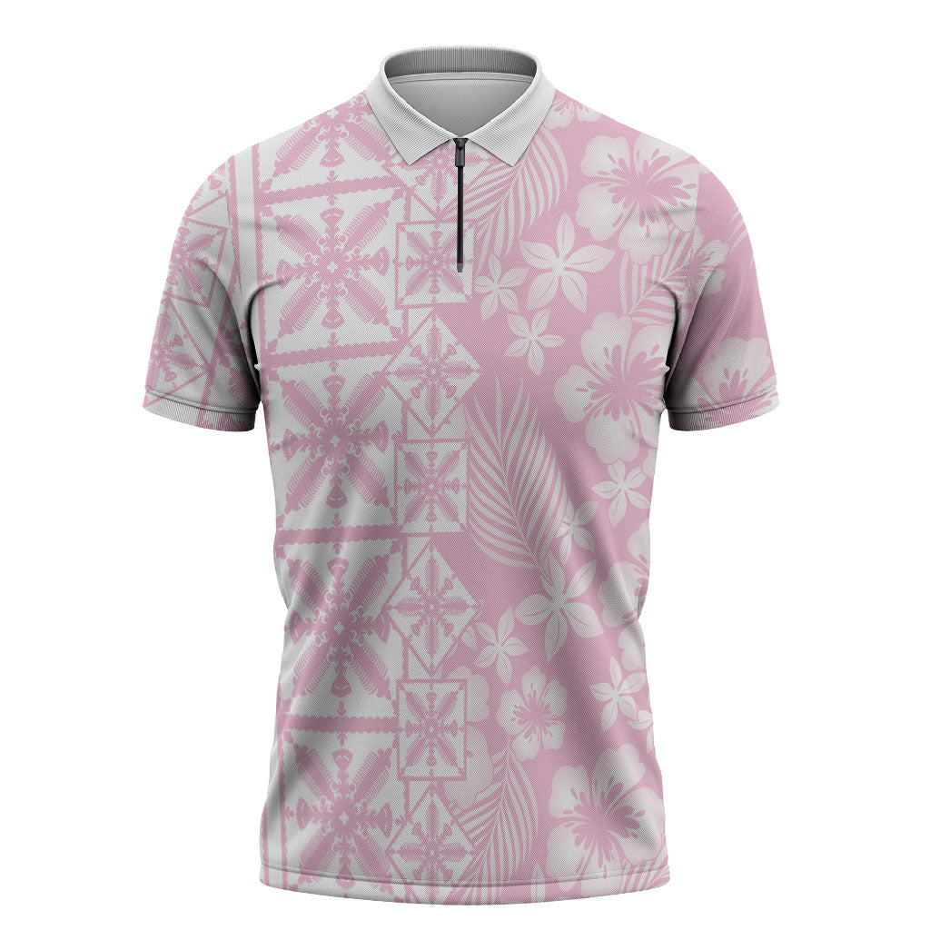 Pastel Pink Kahili Quilt Hawaii Zipper Polo Shirt Tropical Flower Seamless Half Style