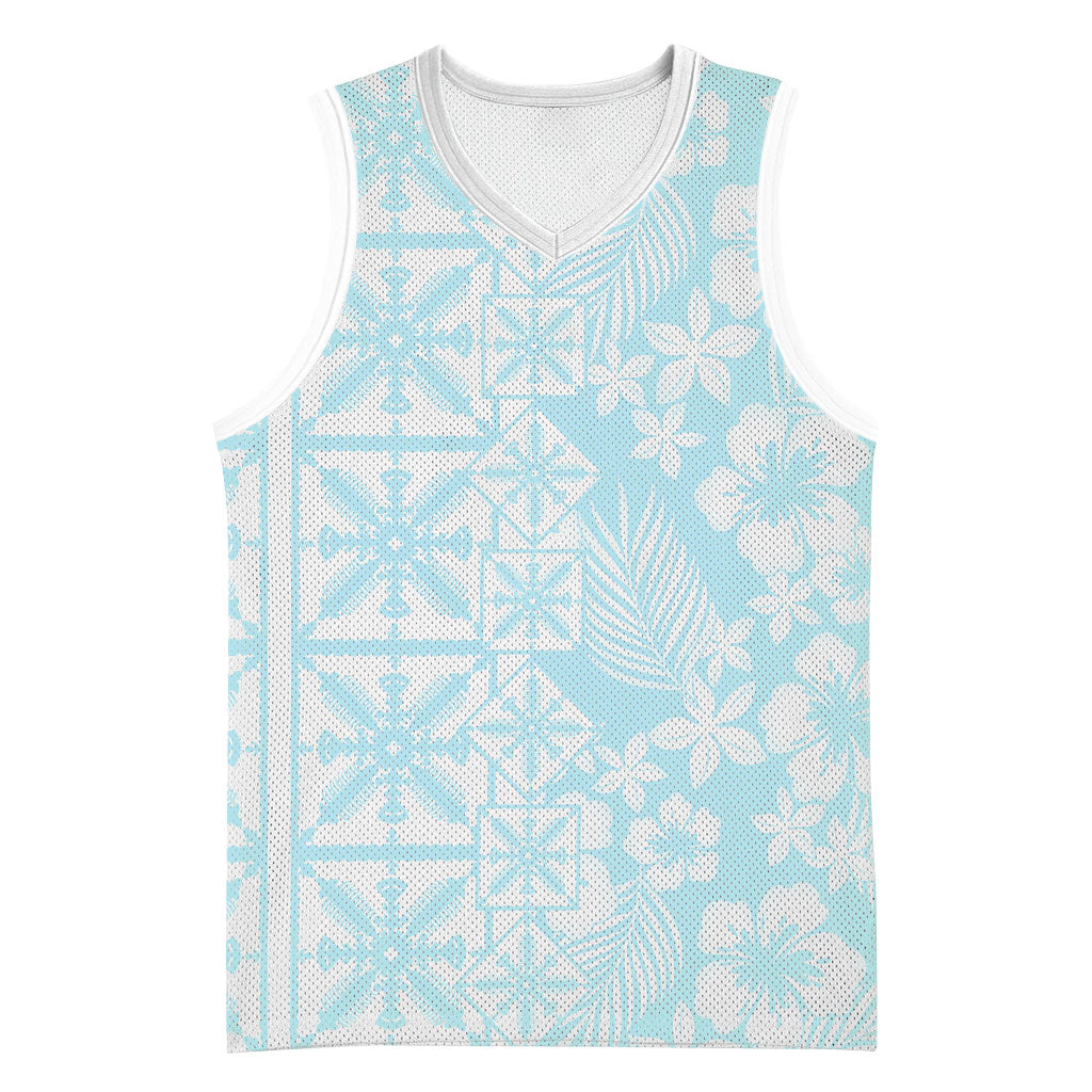 Pastel Blue Kahili Quilt Hawaii Basketball Jersey Tropical Flower Seamless Half Style
