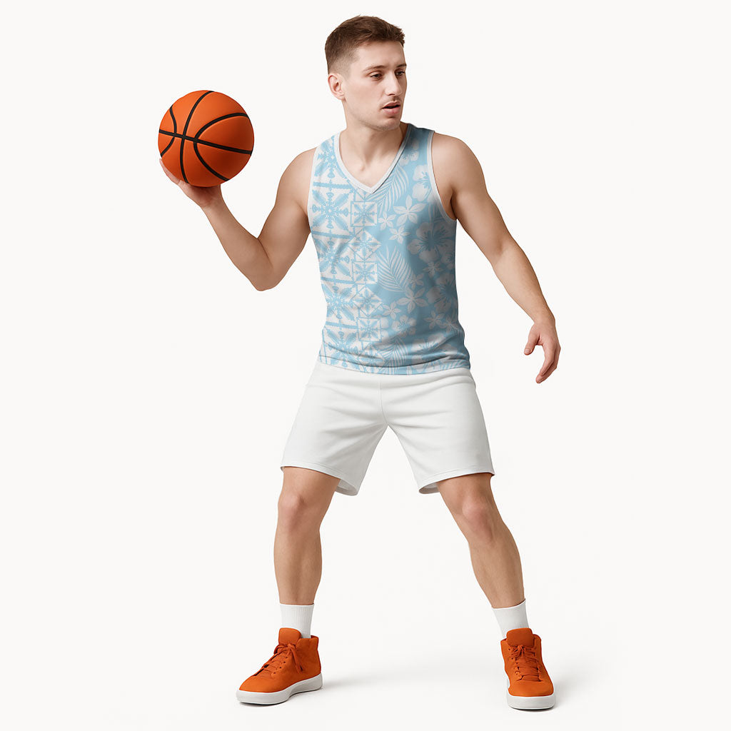 Pastel Blue Kahili Quilt Hawaii Basketball Jersey Tropical Flower Seamless Half Style