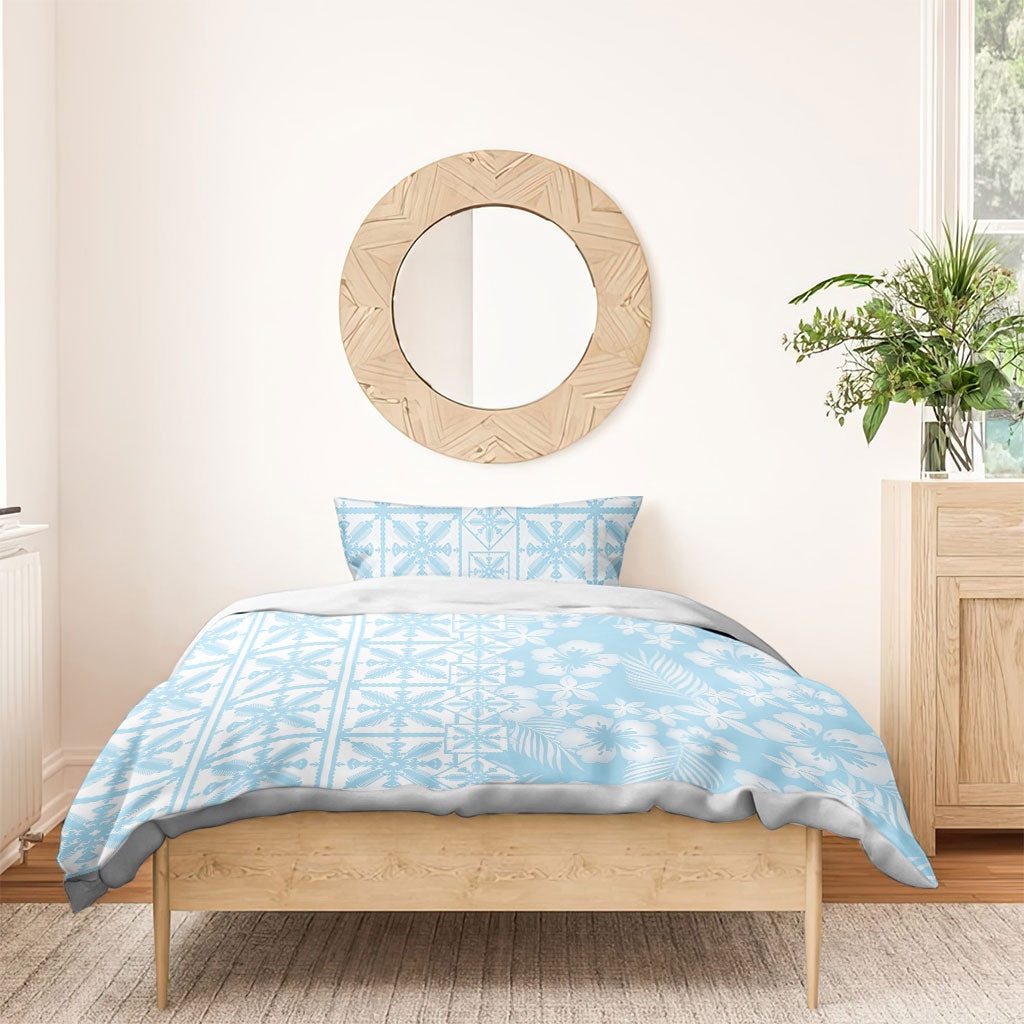 Pastel Blue Kahili Quilt Hawaii Bedding Set Tropical Flower Seamless Half Style