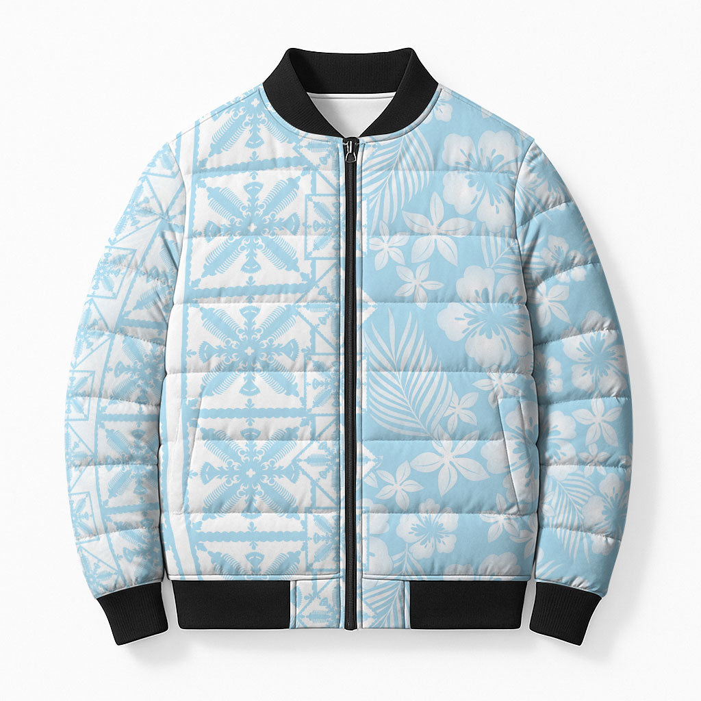 Pastel Blue Kahili Quilt Hawaii Bomber Puffer Jacket Tropical Flower Seamless Half Style