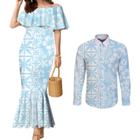 Pastel Blue Kahili Quilt Hawaii Couples Matching Mermaid Dress and Long Sleeve Button Shirt Tropical Flower Seamless Half Style