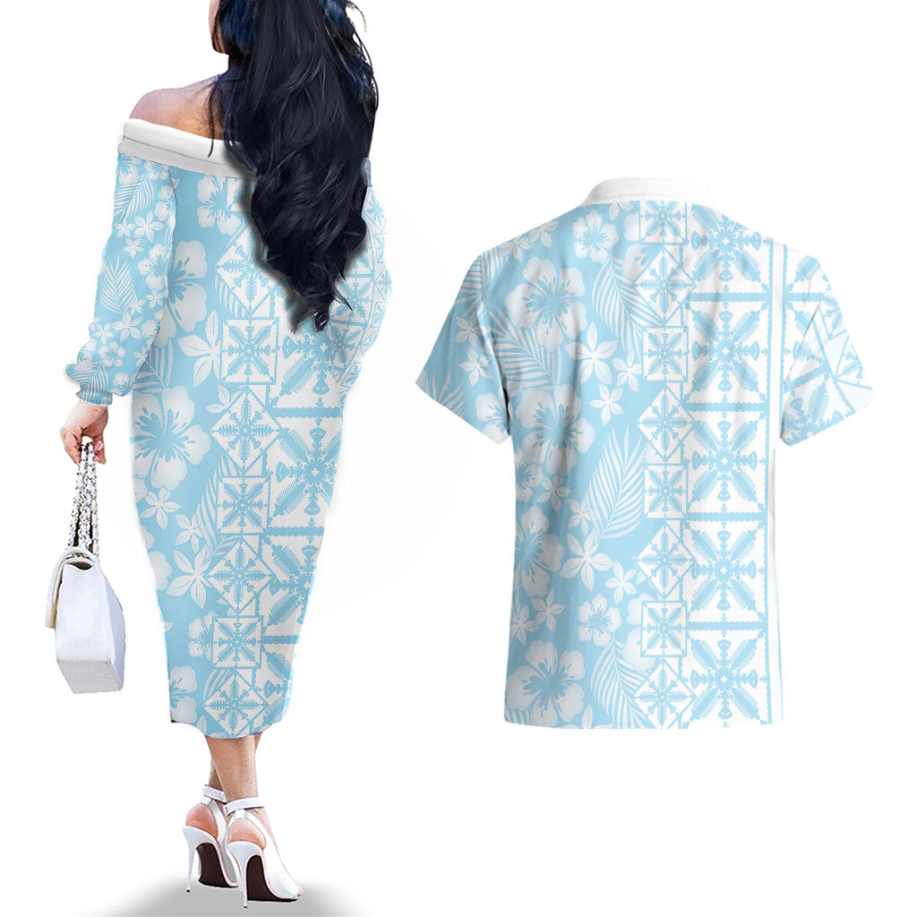 Pastel Blue Kahili Quilt Hawaii Couples Matching Off The Shoulder Long Sleeve Dress and Hawaiian Shirt Tropical Flower Seamless Half Style