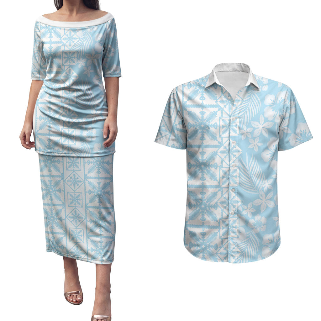 Pastel Blue Kahili Quilt Hawaii Couples Matching Puletasi and Hawaiian Shirt Tropical Flower Seamless Half Style LT14 Blue - Polynesian Pride
