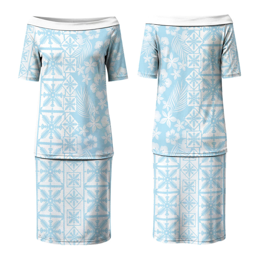 Pastel Blue Kahili Quilt Hawaii Couples Matching Puletasi and Hawaiian Shirt Tropical Flower Seamless Half Style LT14 - Polynesian Pride