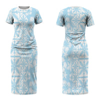 Pastel Blue Kahili Quilt Hawaii Couples Matching Short Sleeve Bodycon Dress and Hawaiian Shirt Tropical Flower Seamless Half Style LT14 - Polynesian Pride