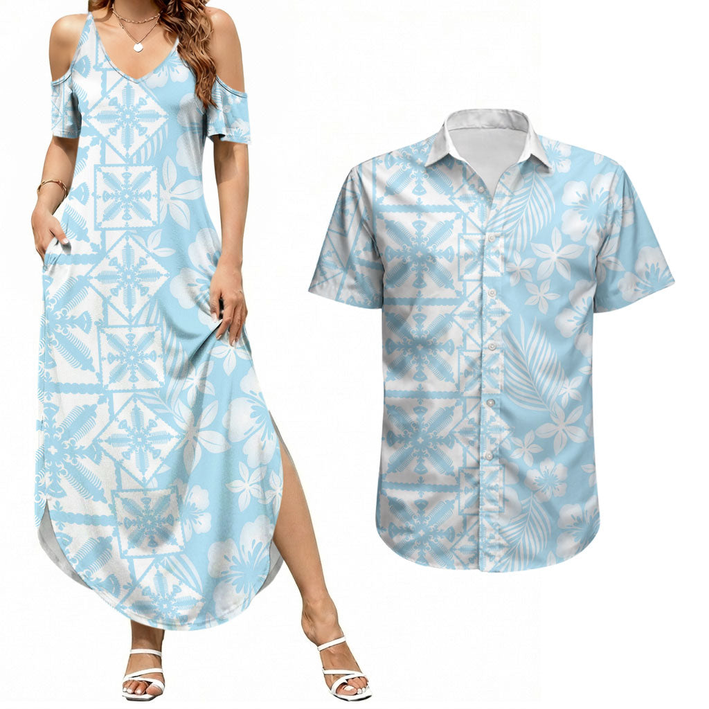 Pastel Blue Kahili Quilt Hawaii Couples Matching Summer Maxi Dress and Hawaiian Shirt Tropical Flower Seamless Half Style LT14 Blue - Polynesian Pride