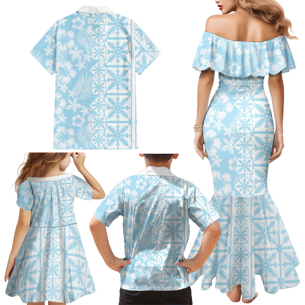 Pastel Blue Kahili Quilt Hawaii Family Matching Mermaid Dress and Hawaiian Shirt Tropical Flower Seamless Half Style LT14 - Polynesian Pride