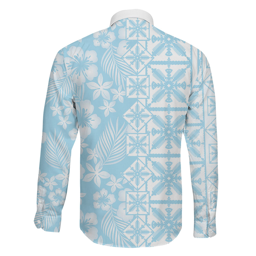 Pastel Blue Kahili Quilt Hawaii Family Matching Mermaid Dress and Hawaiian Shirt Tropical Flower Seamless Half Style LT14 - Polynesian Pride