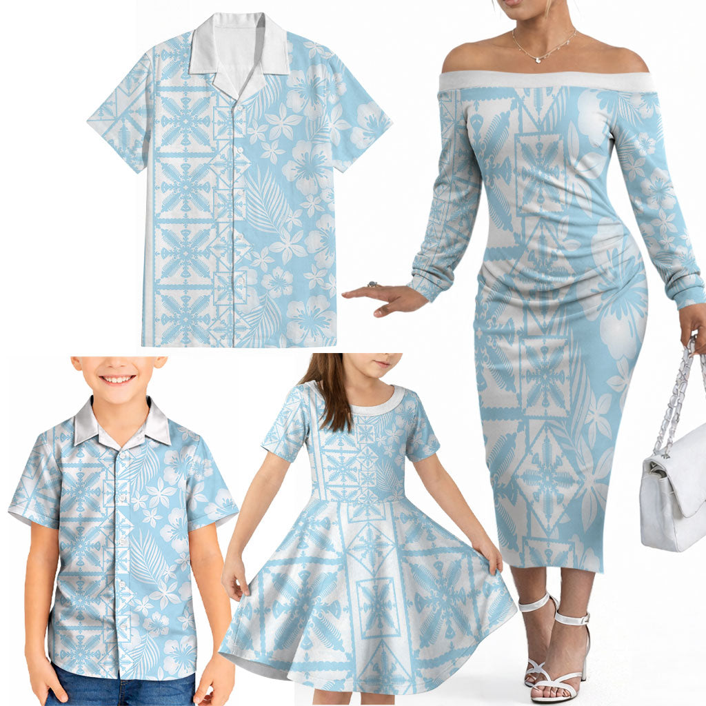 Pastel Blue Kahili Quilt Hawaii Family Matching Off The Shoulder Long Sleeve Dress and Hawaiian Shirt Tropical Flower Seamless Half Style LT14 - Polynesian Pride