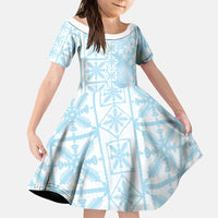 Pastel Blue Kahili Quilt Hawaii Family Matching Off Shoulder Maxi Dress and Hawaiian Shirt Tropical Flower Seamless Half Style LT14 Daughter's Dress Blue - Polynesian Pride