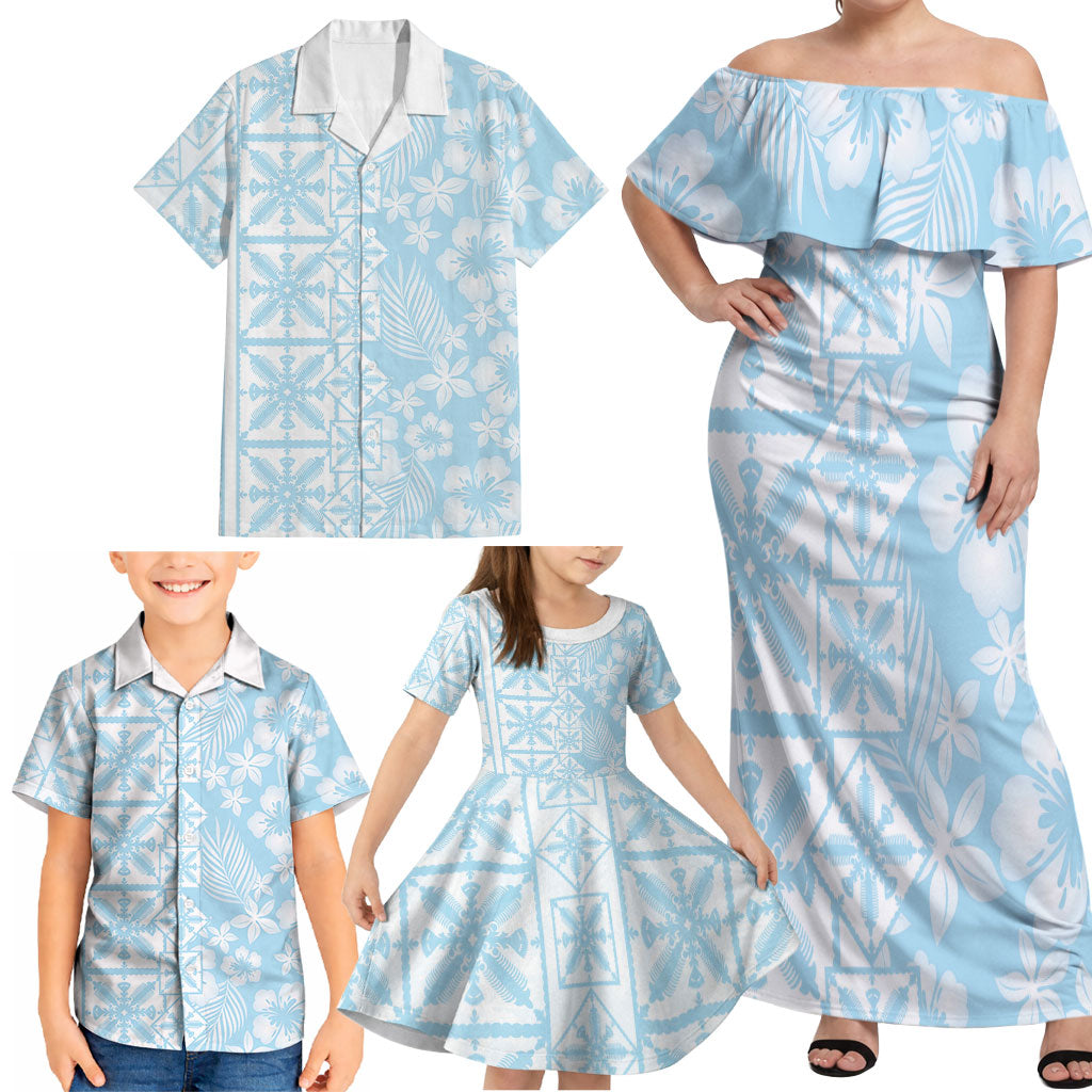 Pastel Blue Kahili Quilt Hawaii Family Matching Off Shoulder Maxi Dress and Hawaiian Shirt Tropical Flower Seamless Half Style LT14 - Polynesian Pride