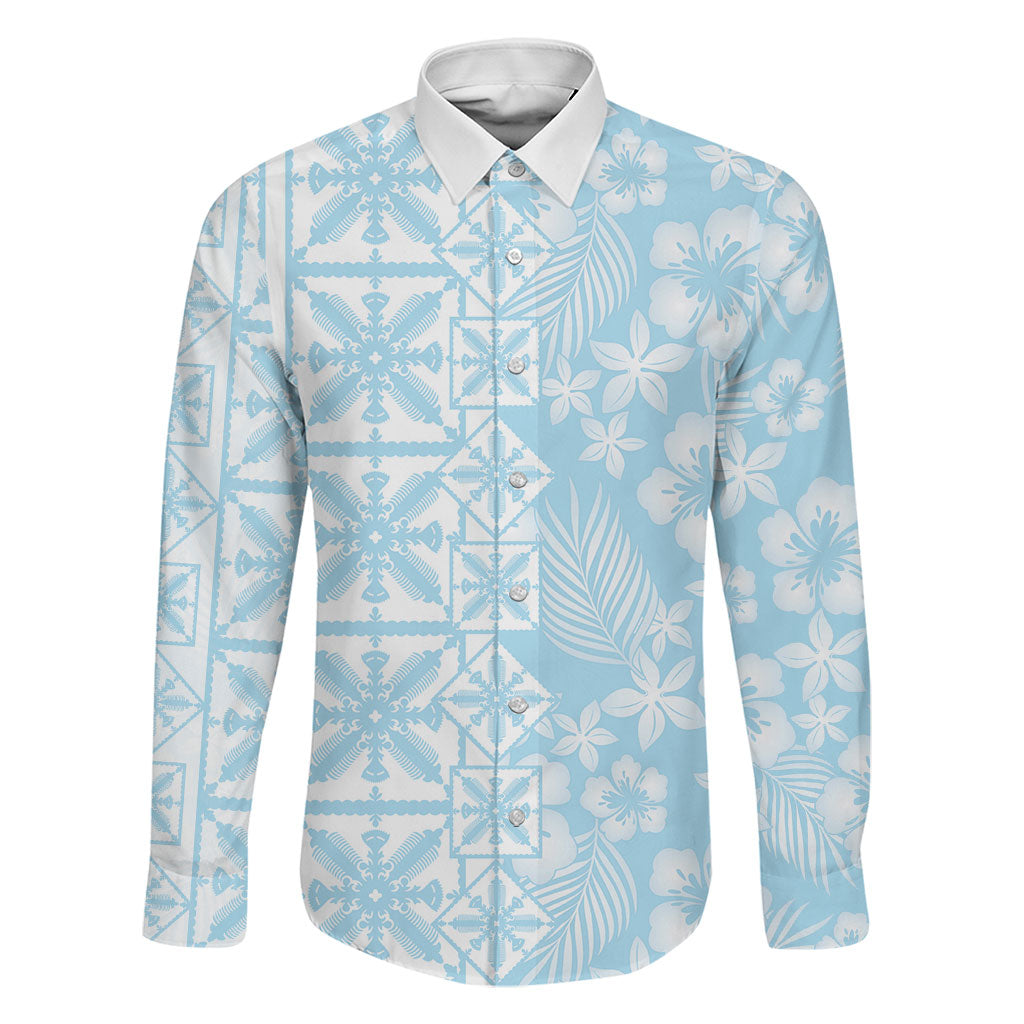 Pastel Blue Kahili Quilt Hawaii Family Matching Off Shoulder Maxi Dress and Hawaiian Shirt Tropical Flower Seamless Half Style LT14 Dad's Shirt - Long Sleeve Blue - Polynesian Pride