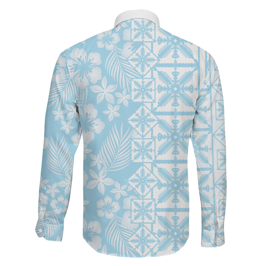 Pastel Blue Kahili Quilt Hawaii Family Matching Off Shoulder Maxi Dress and Hawaiian Shirt Tropical Flower Seamless Half Style LT14 - Polynesian Pride
