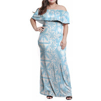 Pastel Blue Kahili Quilt Hawaii Family Matching Off Shoulder Maxi Dress and Hawaiian Shirt Tropical Flower Seamless Half Style LT14 Mom's Dress Blue - Polynesian Pride