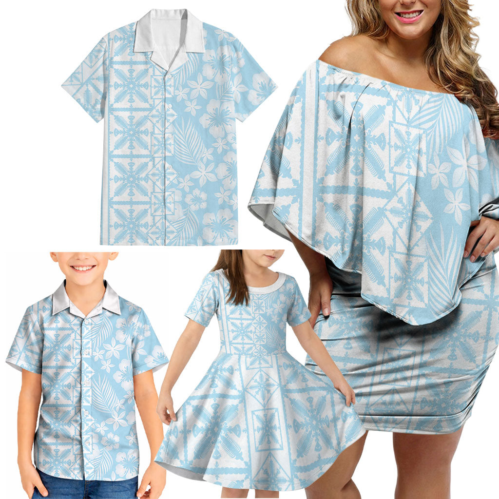Pastel Blue Kahili Quilt Hawaii Family Matching Off Shoulder Short Dress and Hawaiian Shirt Tropical Flower Seamless Half Style LT14 - Polynesian Pride