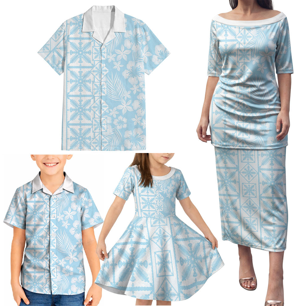 Pastel Blue Kahili Quilt Hawaii Family Matching Puletasi and Hawaiian Shirt Tropical Flower Seamless Half Style LT14 - Polynesian Pride