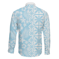 Pastel Blue Kahili Quilt Hawaii Family Matching Puletasi and Hawaiian Shirt Tropical Flower Seamless Half Style
