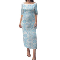Pastel Blue Kahili Quilt Hawaii Family Matching Puletasi and Hawaiian Shirt Tropical Flower Seamless Half Style