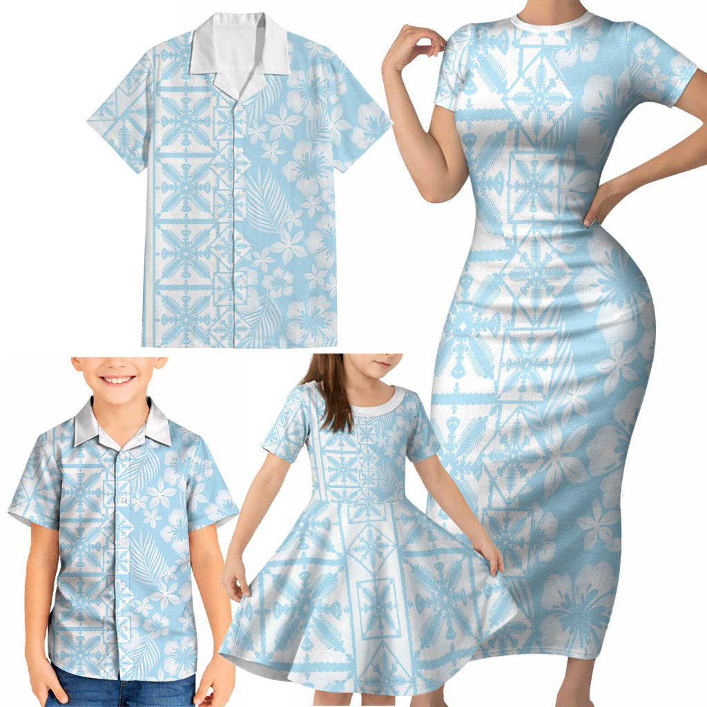 Pastel Blue Kahili Quilt Hawaii Family Matching Short Sleeve Bodycon Dress and Hawaiian Shirt Tropical Flower Seamless Half Style LT14 - Polynesian Pride