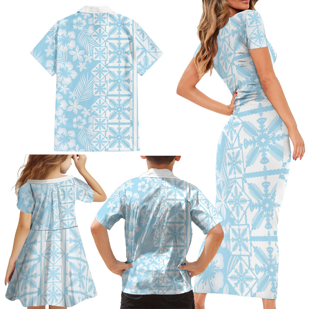 Pastel Blue Kahili Quilt Hawaii Family Matching Short Sleeve Bodycon Dress and Hawaiian Shirt Tropical Flower Seamless Half Style LT14 - Polynesian Pride