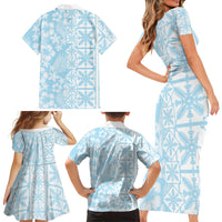 Pastel Blue Kahili Quilt Hawaii Family Matching Short Sleeve Bodycon Dress and Hawaiian Shirt Tropical Flower Seamless Half Style LT14 - Polynesian Pride