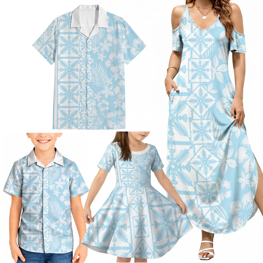 Pastel Blue Kahili Quilt Hawaii Family Matching Summer Maxi Dress and Hawaiian Shirt Tropical Flower Seamless Half Style LT14 - Polynesian Pride