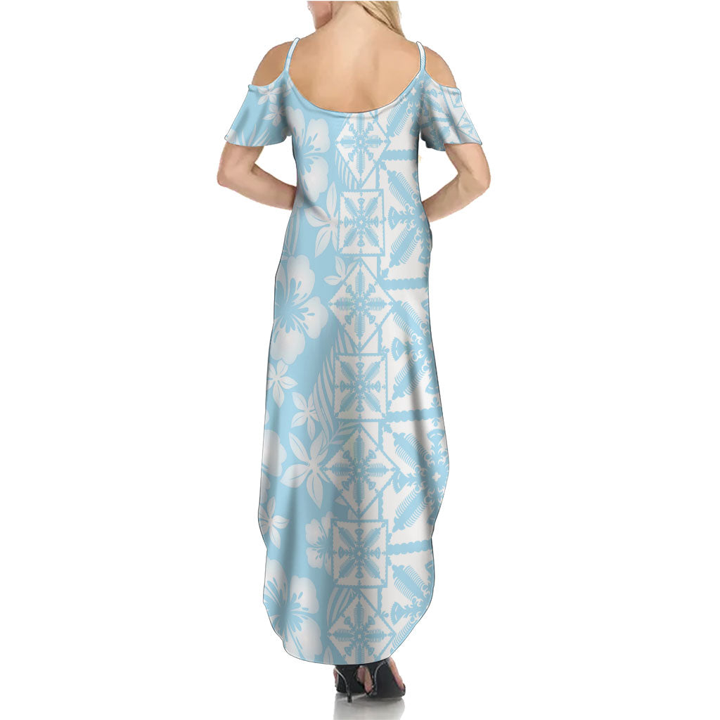 Pastel Blue Kahili Quilt Hawaii Family Matching Summer Maxi Dress and Hawaiian Shirt Tropical Flower Seamless Half Style LT14 - Polynesian Pride