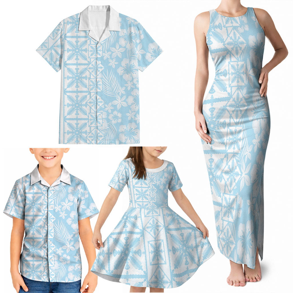 Pastel Blue Kahili Quilt Hawaii Family Matching Tank Maxi Dress and Hawaiian Shirt Tropical Flower Seamless Half Style LT14 - Polynesian Pride