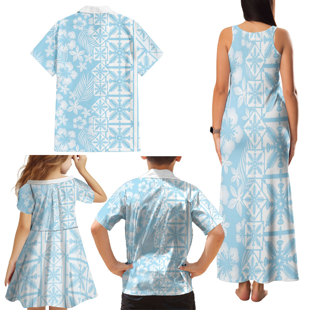 Pastel Blue Kahili Quilt Hawaii Family Matching Tank Maxi Dress and Hawaiian Shirt Tropical Flower Seamless Half Style LT14 - Polynesian Pride