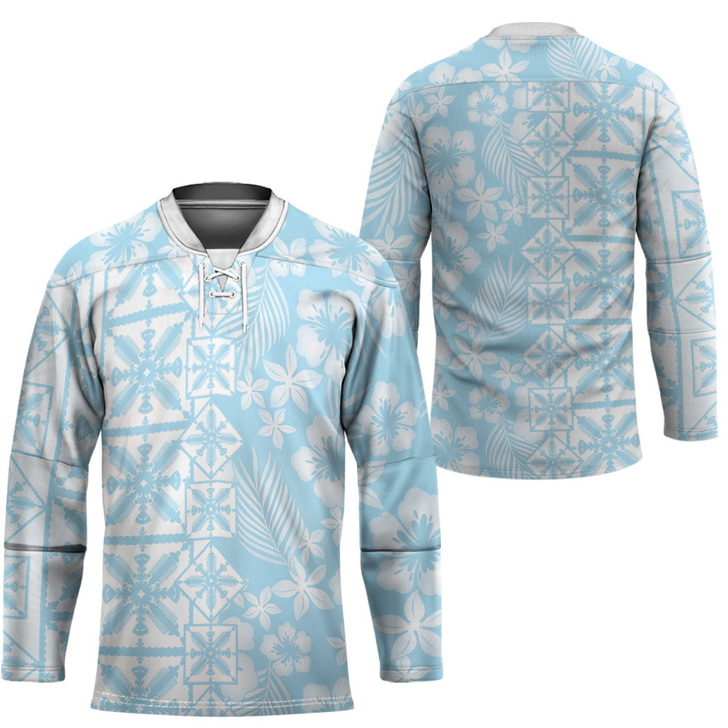 Pastel Blue Kahili Quilt Hawaii Hockey Jersey Tropical Flower Seamless Half Style