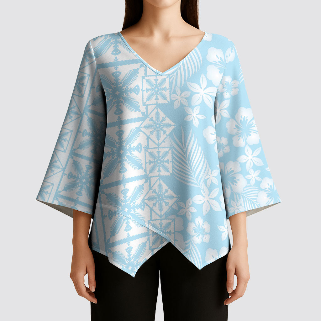Pastel Blue Kahili Quilt Hawaii Kimono Sleeve Blouse Tropical Flower Seamless Half Style