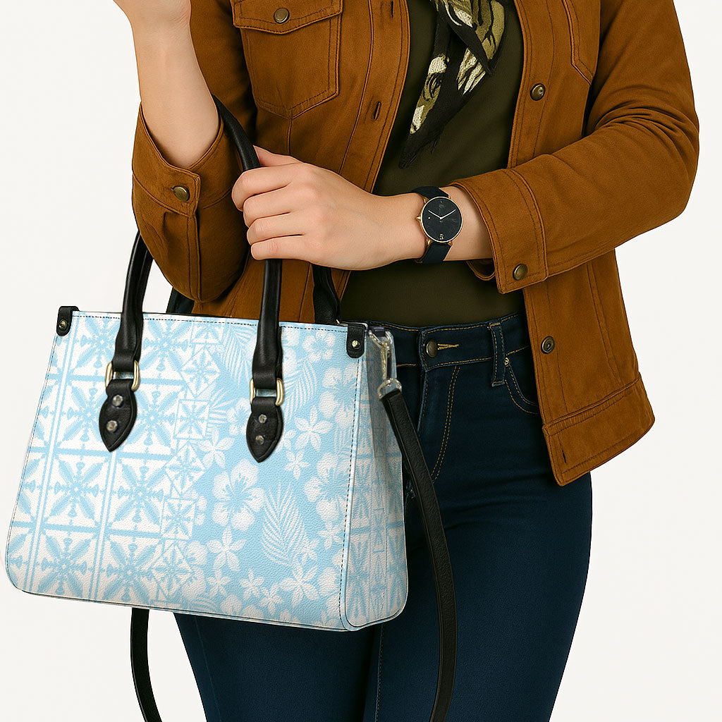 Pastel Blue Kahili Quilt Hawaii Leather Bag Tropical Flower Seamless Half Style