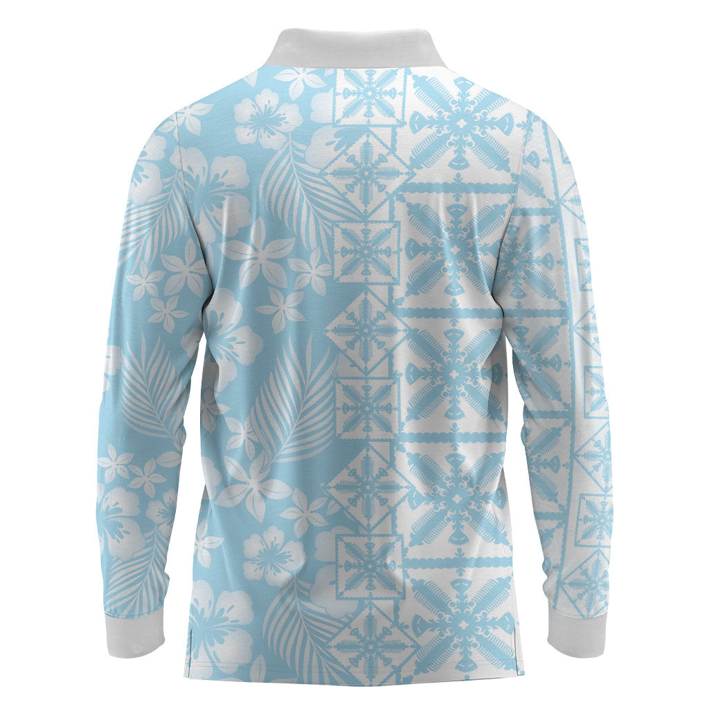 Pastel Blue Kahili Quilt Hawaii Long Sleeve Polo Shirt Tropical Flower Seamless Half Style