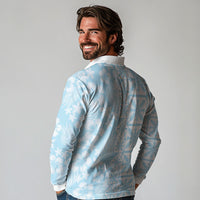 Pastel Blue Kahili Quilt Hawaii Long Sleeve Polo Shirt Tropical Flower Seamless Half Style