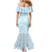 Pastel Blue Kahili Quilt Hawaii Mermaid Dress Tropical Flower Seamless Half Style