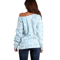 Pastel Blue Kahili Quilt Hawaii Off Shoulder Sweater Tropical Flower Seamless Half Style