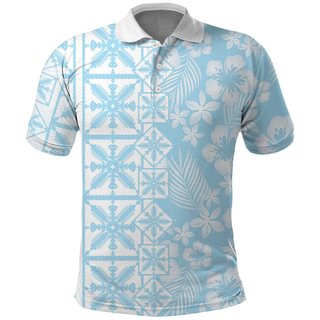 Pastel Blue Kahili Quilt Hawaii Polo Shirt Tropical Flower Seamless Half Style