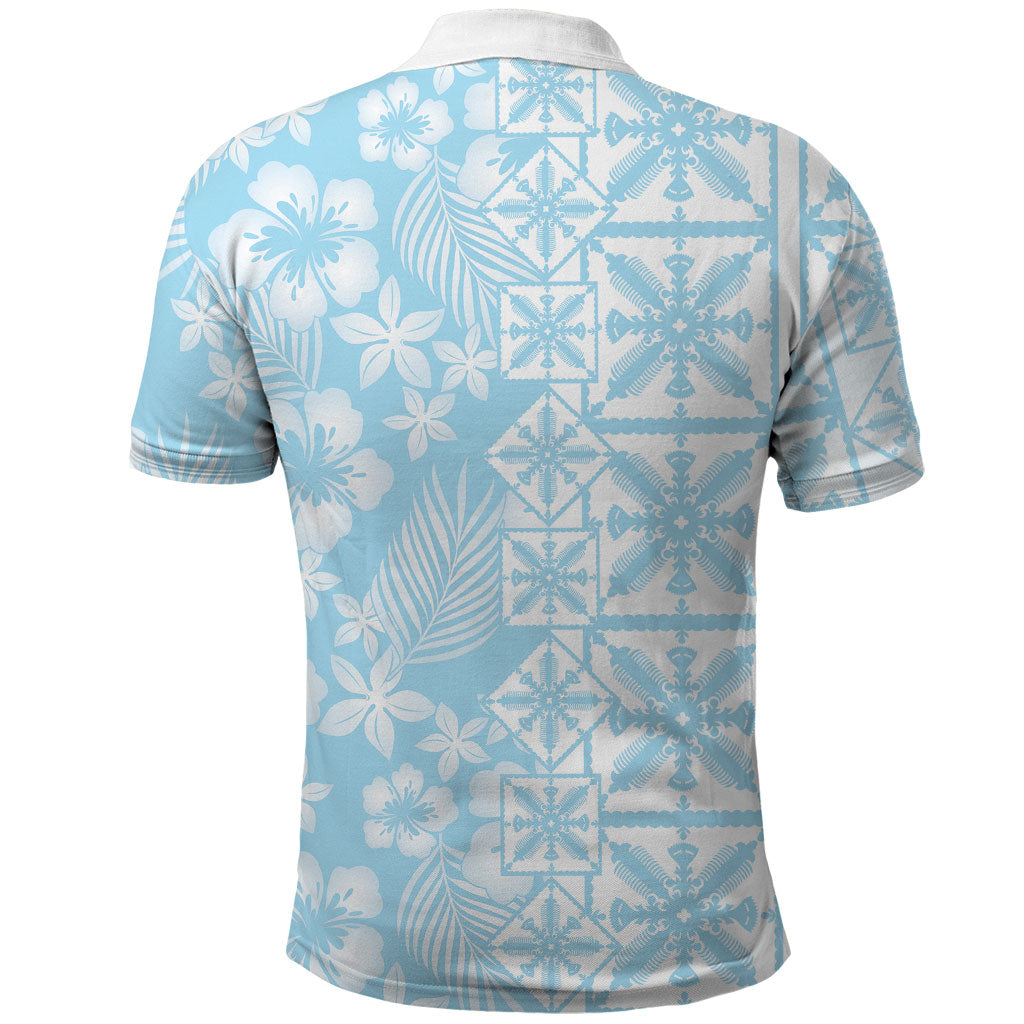 Pastel Blue Kahili Quilt Hawaii Polo Shirt Tropical Flower Seamless Half Style