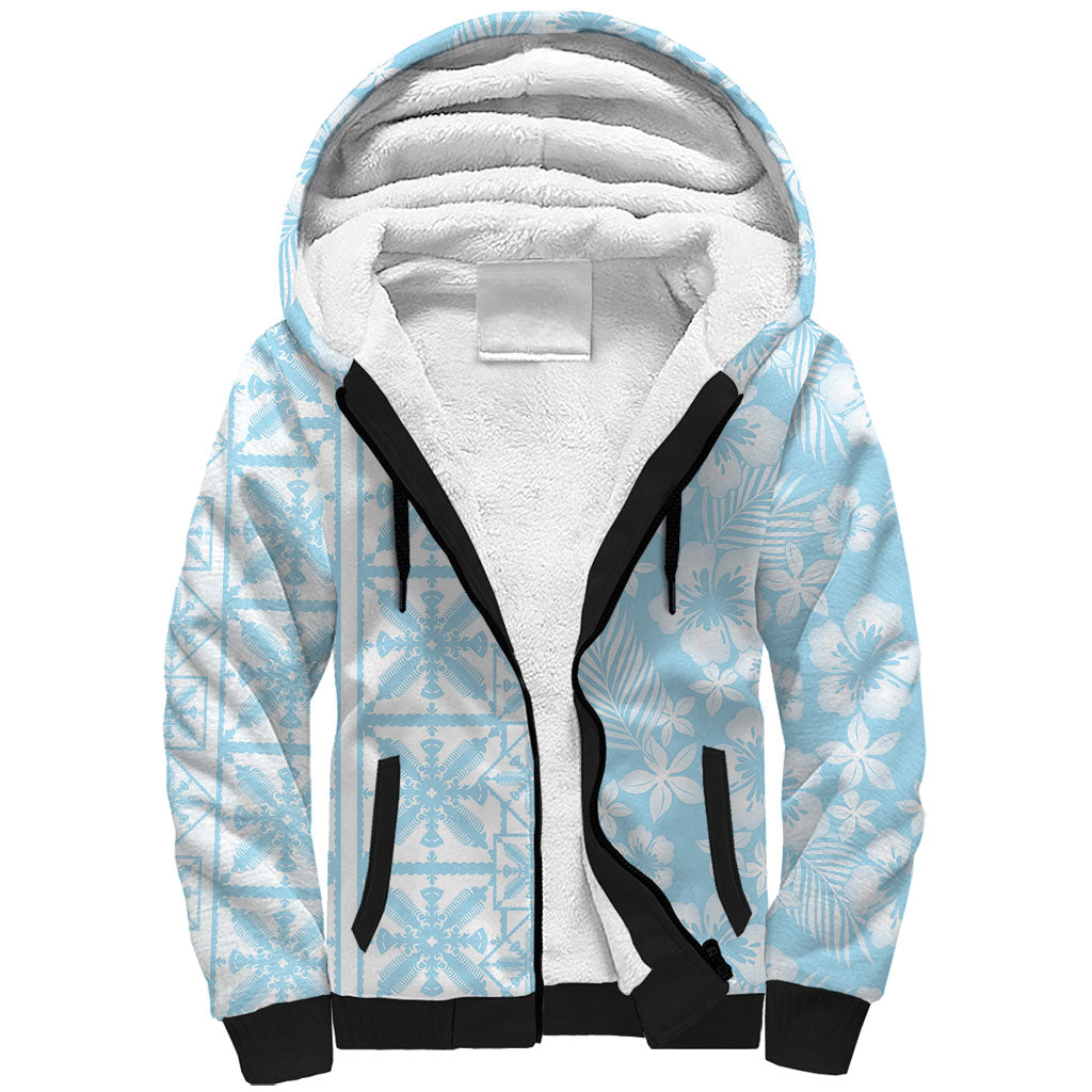 Pastel Blue Kahili Quilt Hawaii Sherpa Hoodie Tropical Flower Seamless Half Style