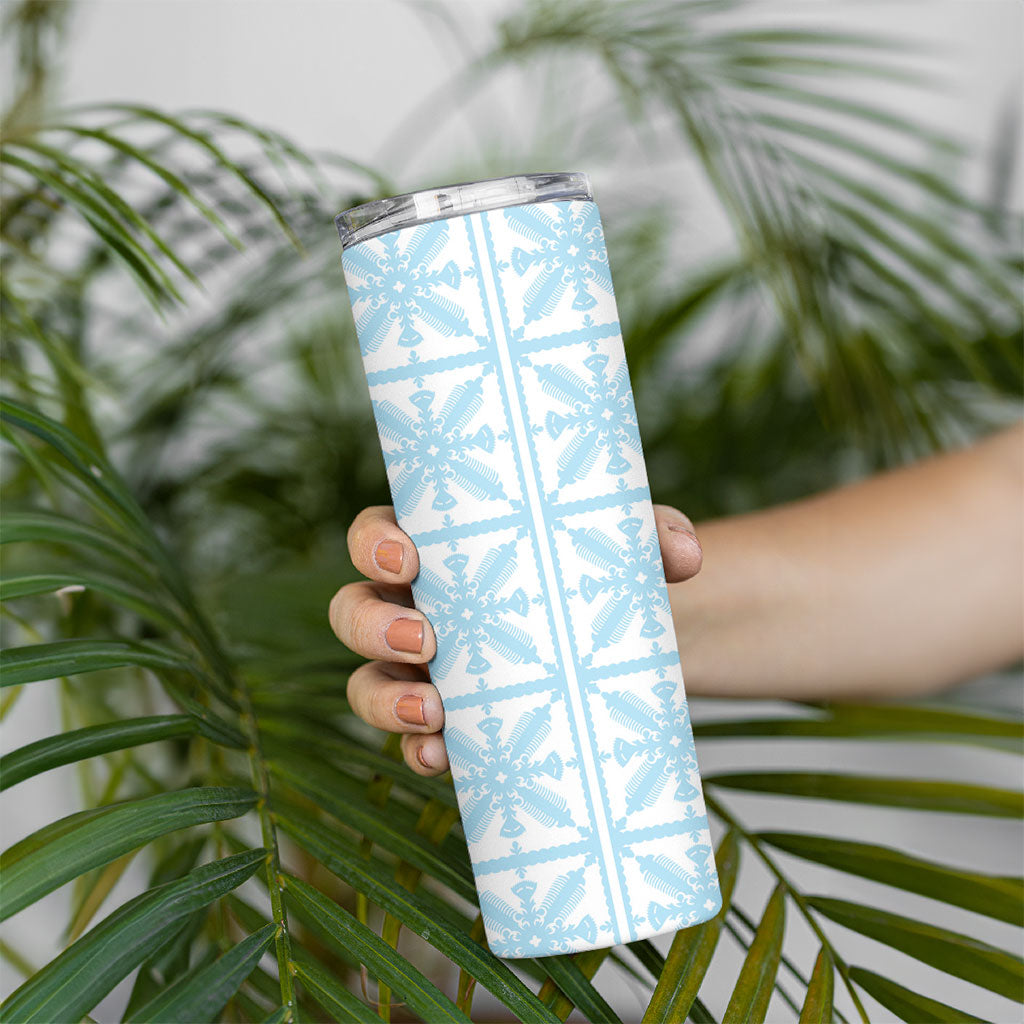 Pastel Blue Kahili Quilt Hawaii Skinny Tumbler Tropical Flower Seamless Half Style