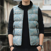 Pastel Blue Kahili Quilt Hawaii Sleeveless Puffer Jacket Tropical Flower Seamless Half Style